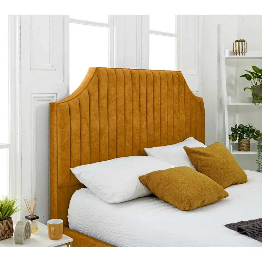Ascend King Size Bed Frame with Lined Headboard - Mustard, Velvet