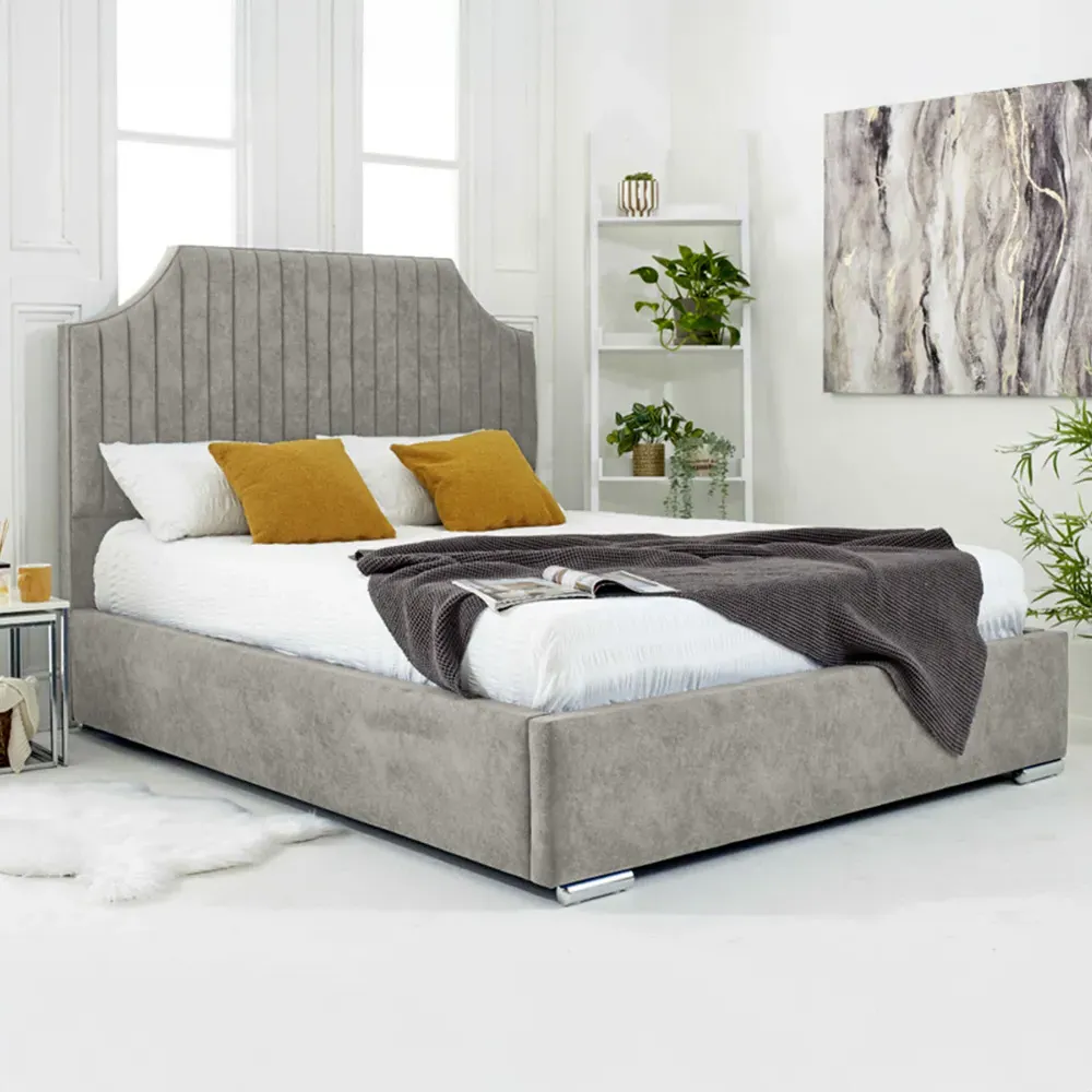 Ascend King Size Bed Frame with Lined Headboard - Silver, Velvet