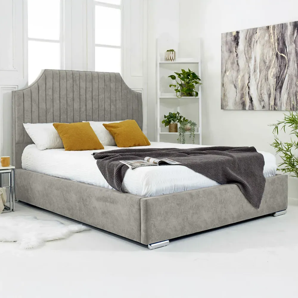 Ascend Single Bed Frame with Lined Headboard - Silver, Velvet