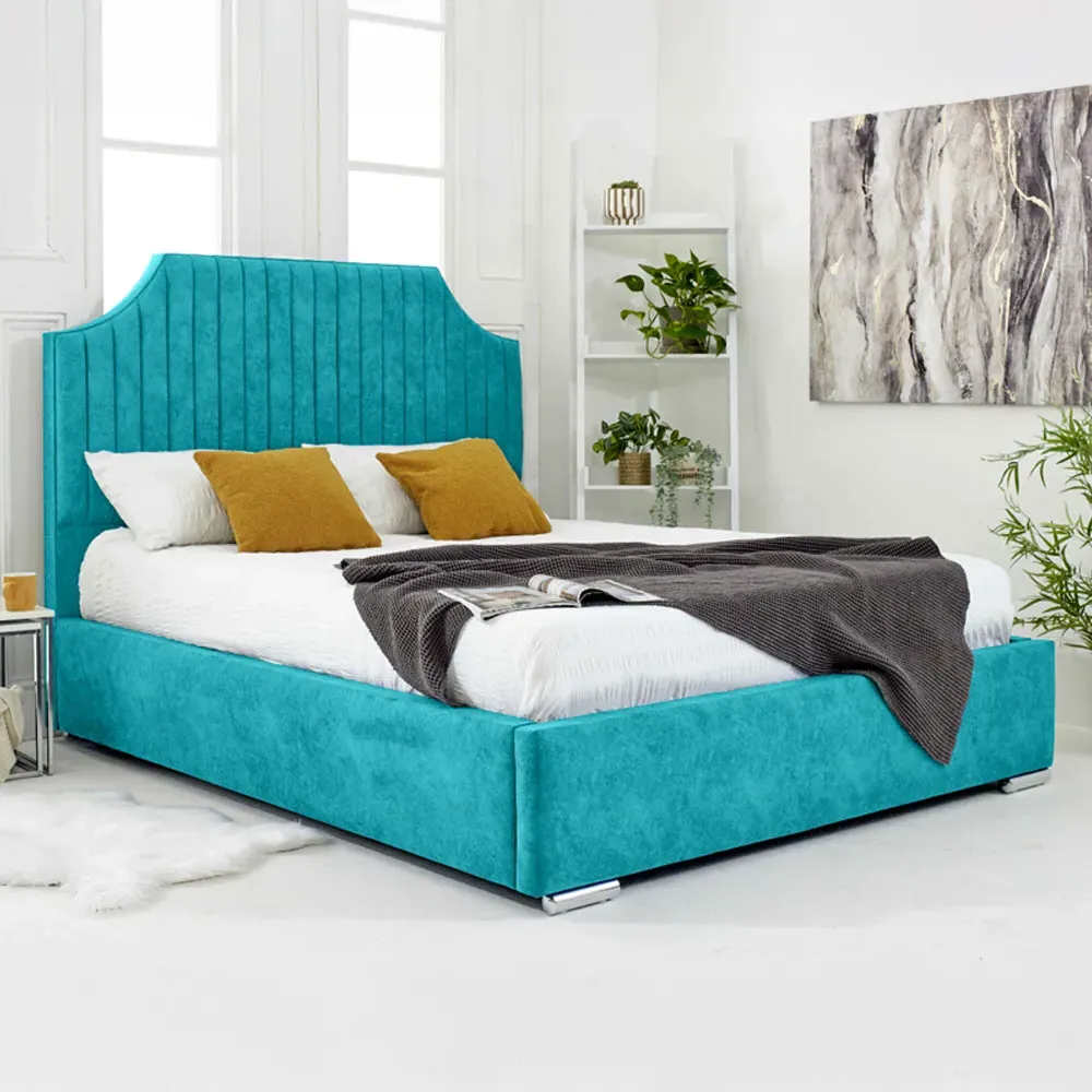Ascend Single Bed Frame with Lined Headboard - Teal, Velvet