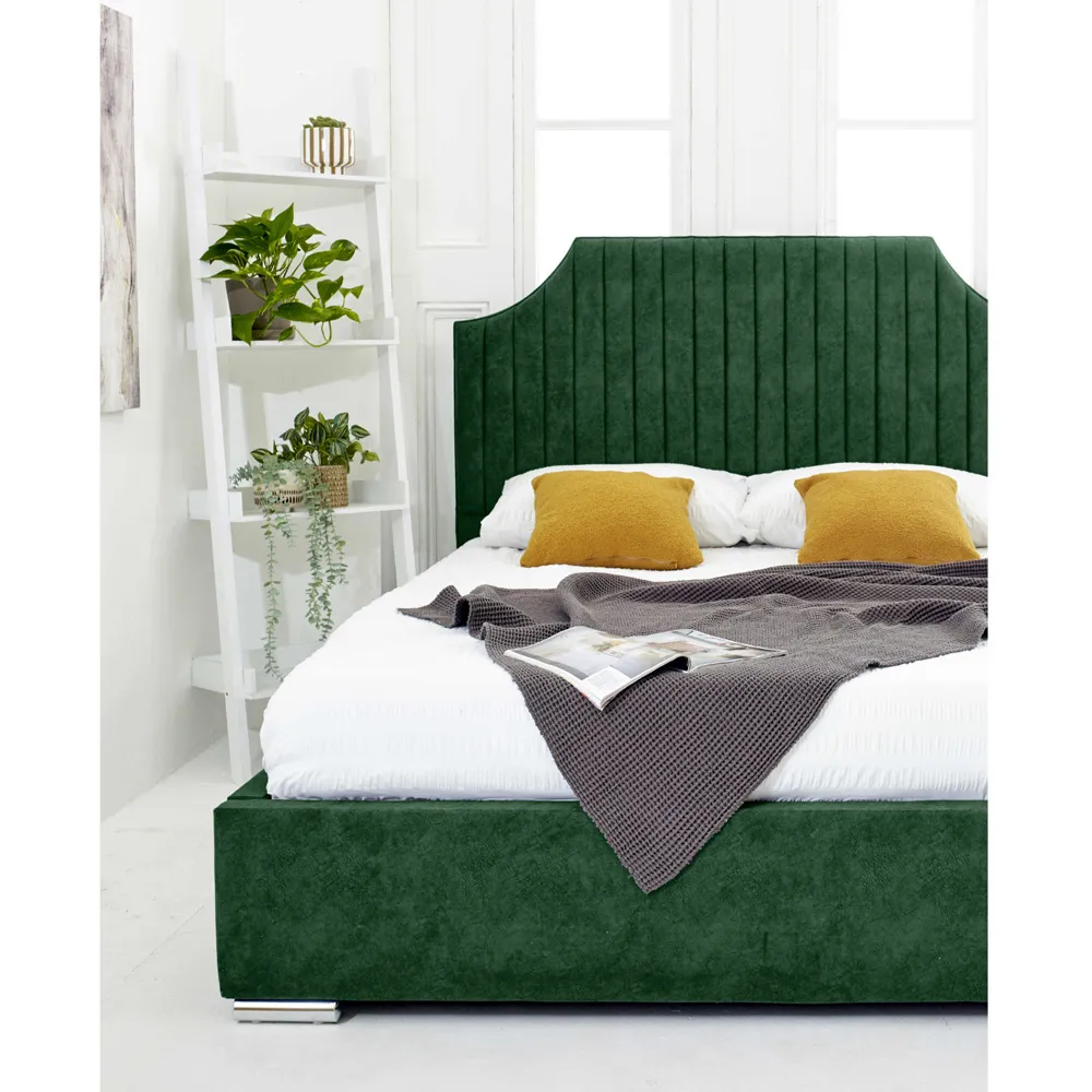 Ascend Small Double Bed Frame with Lined Headboard - Green, Velvet