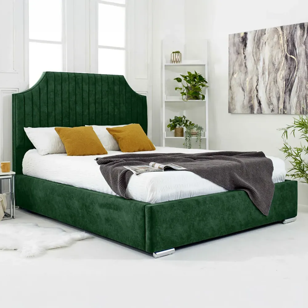 Ascend Small Double Bed Frame with Lined Headboard - Green, Velvet