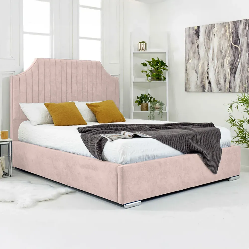 Ascend Small Double Bed Frame with Lined Headboard - Pink, Velvet