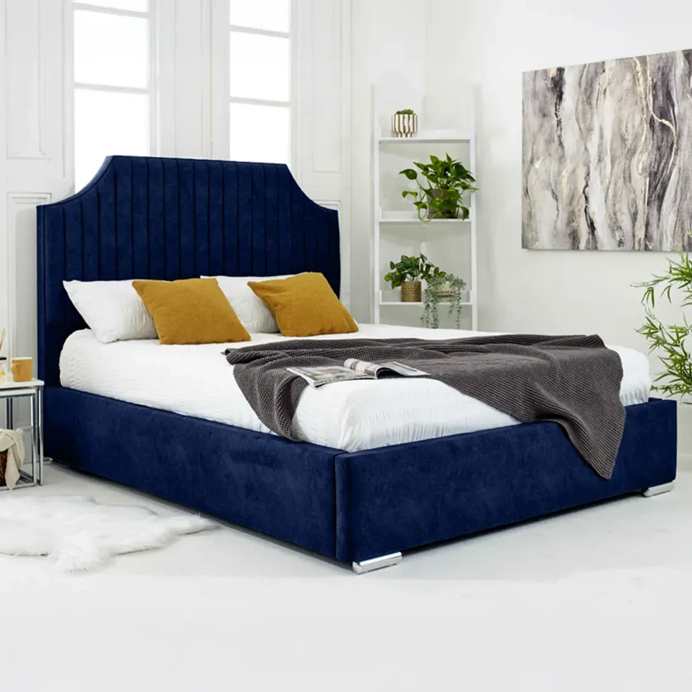 Ascend Super King Size Bed Frame with Lined Headboard - Blue, Velvet