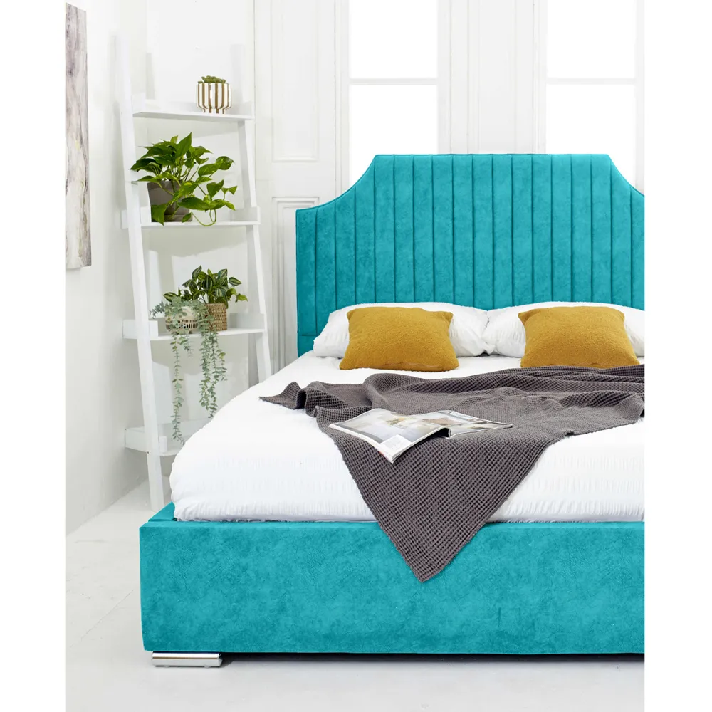 Ascend Super King Size Bed Frame with Lined Headboard - Teal, Velvet