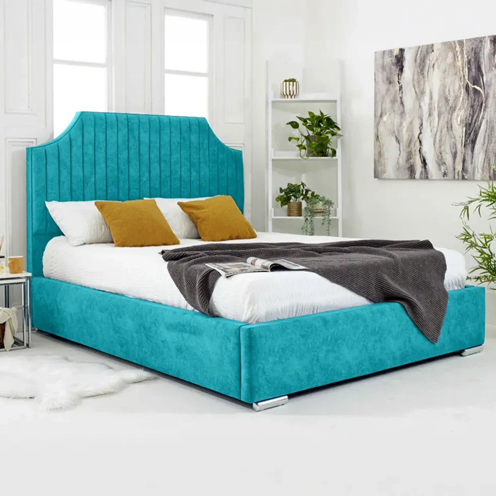 Ascend Super King Size Bed Frame with Lined Headboard - Teal, Velvet