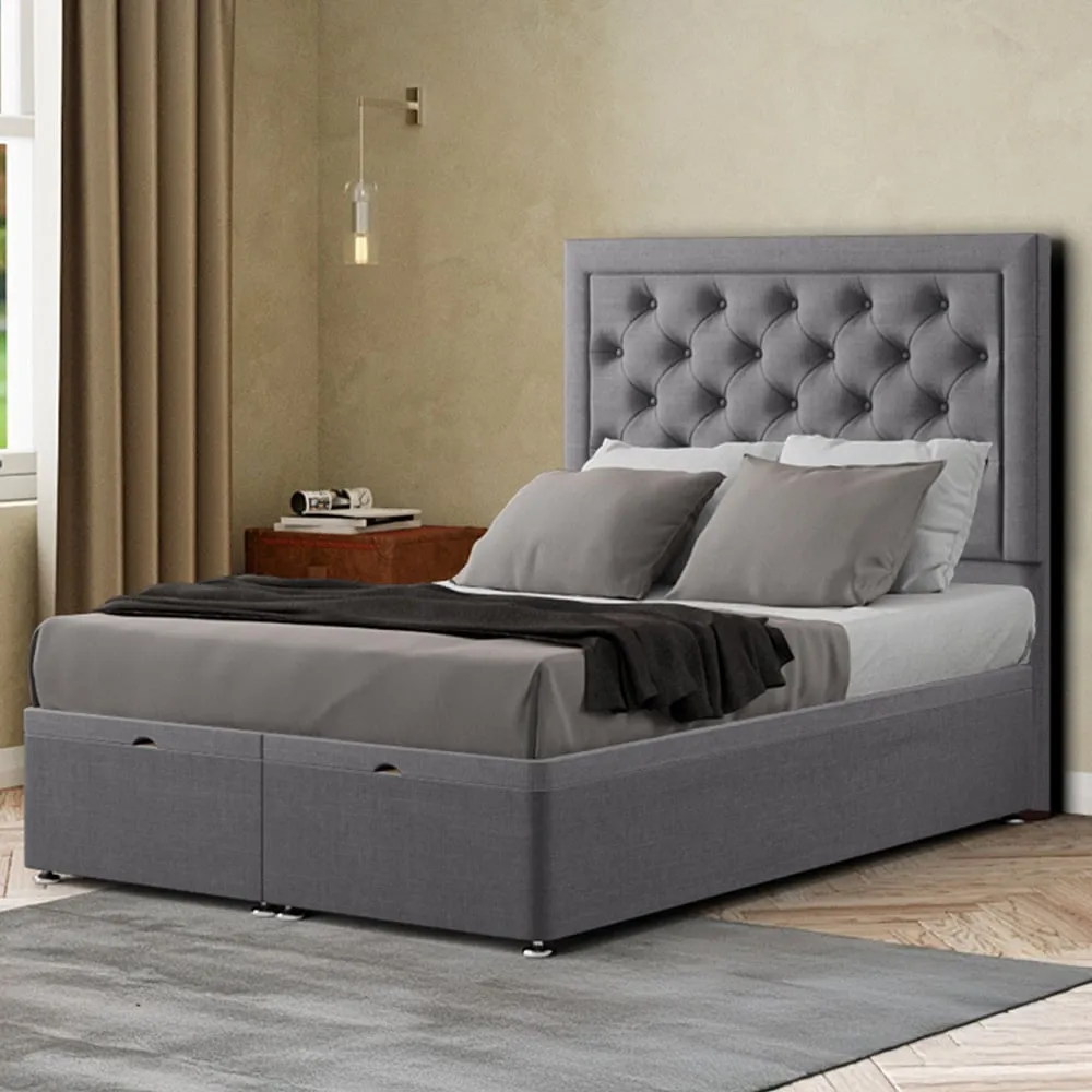 Castle Double Ottoman Bed with Storage - Grey, Linen