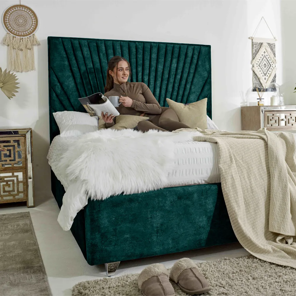 Dawn Double Bed Frame with Headboard - Blue, Marble Fabric