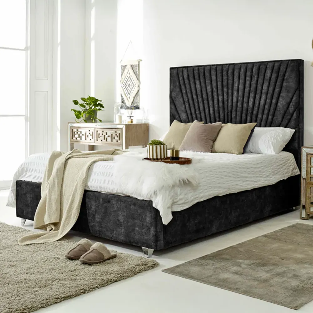 Dawn Double Bed Frame with Headboard - Grey, Marble Fabric