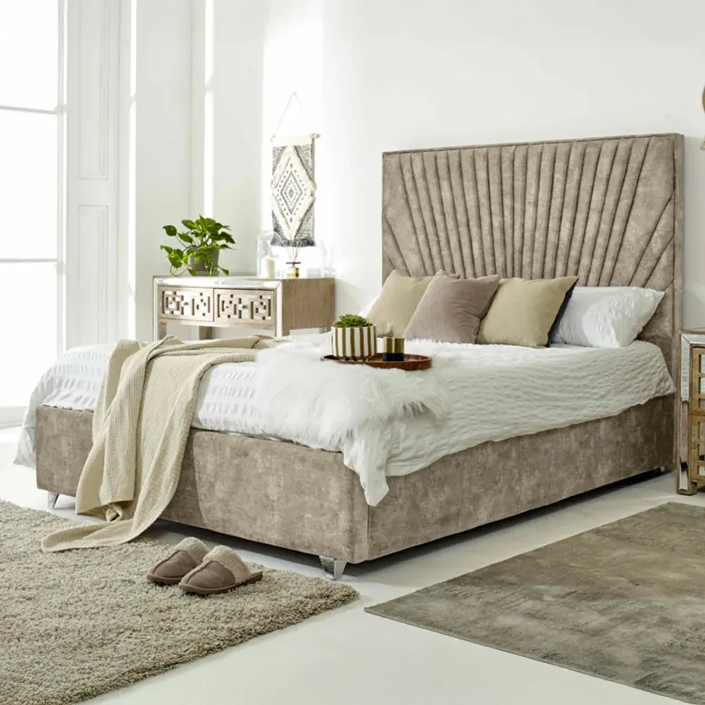 Dawn Double Bed Frame with Headboard - Oatmeal, Marble Fabric