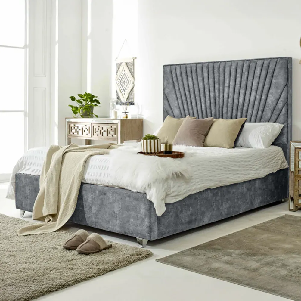 Dawn Double Bed Frame with Headboard - Silver, Marble Fabric
