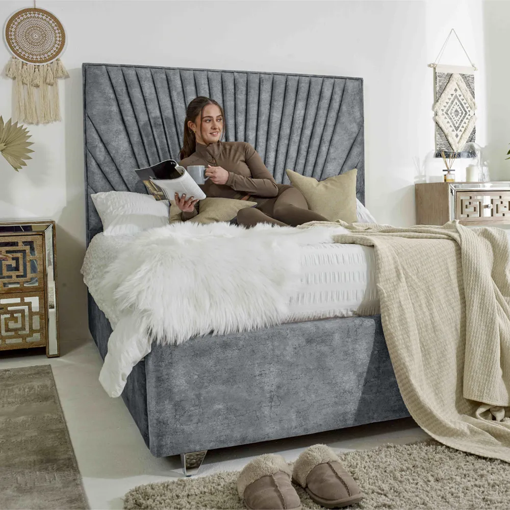 Dawn King Size Bed Frame with Headboard - Silver, Marble Fabric