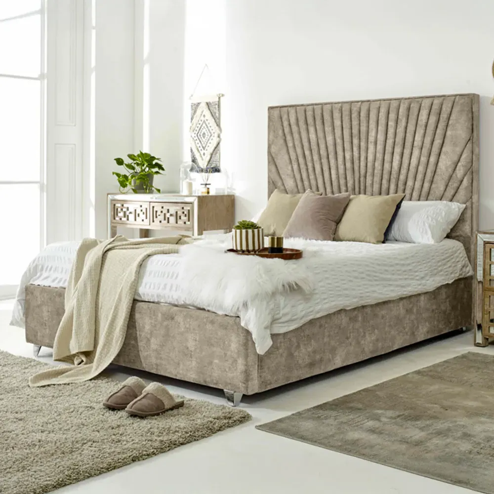 Dawn Single Bed Frame with Headboard - Cream, Marble Fabric