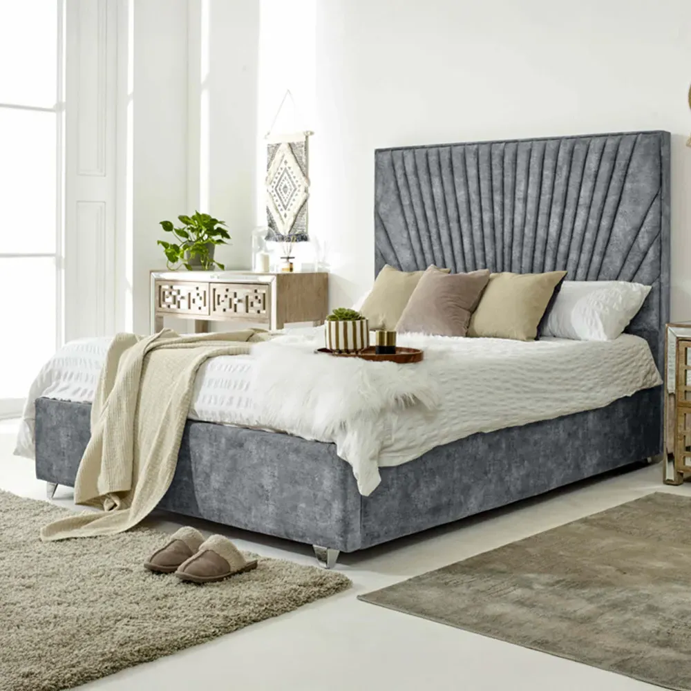 Dawn Single Bed Frame with Headboard - Silver, Marble Fabric
