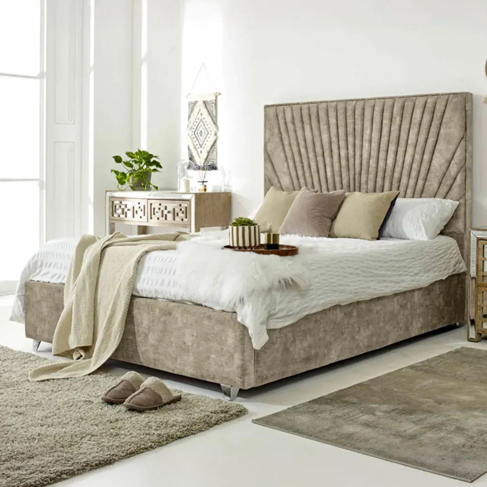 Dawn Small Double Bed Frame with Headboard - Mink, Marble Fabric
