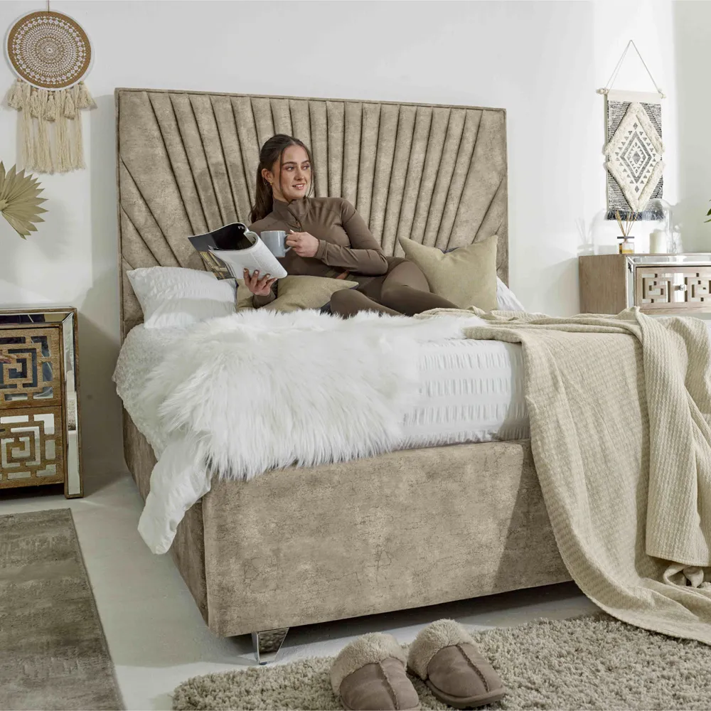 Dawn Small Double Bed Frame with Headboard - Oatmeal, Marble Fabric