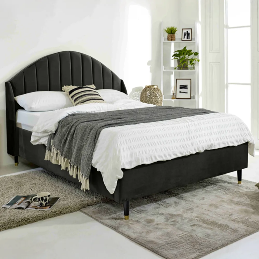 Elysium Double Bed Frame with Curved Winged Headboard - Black, Velvet