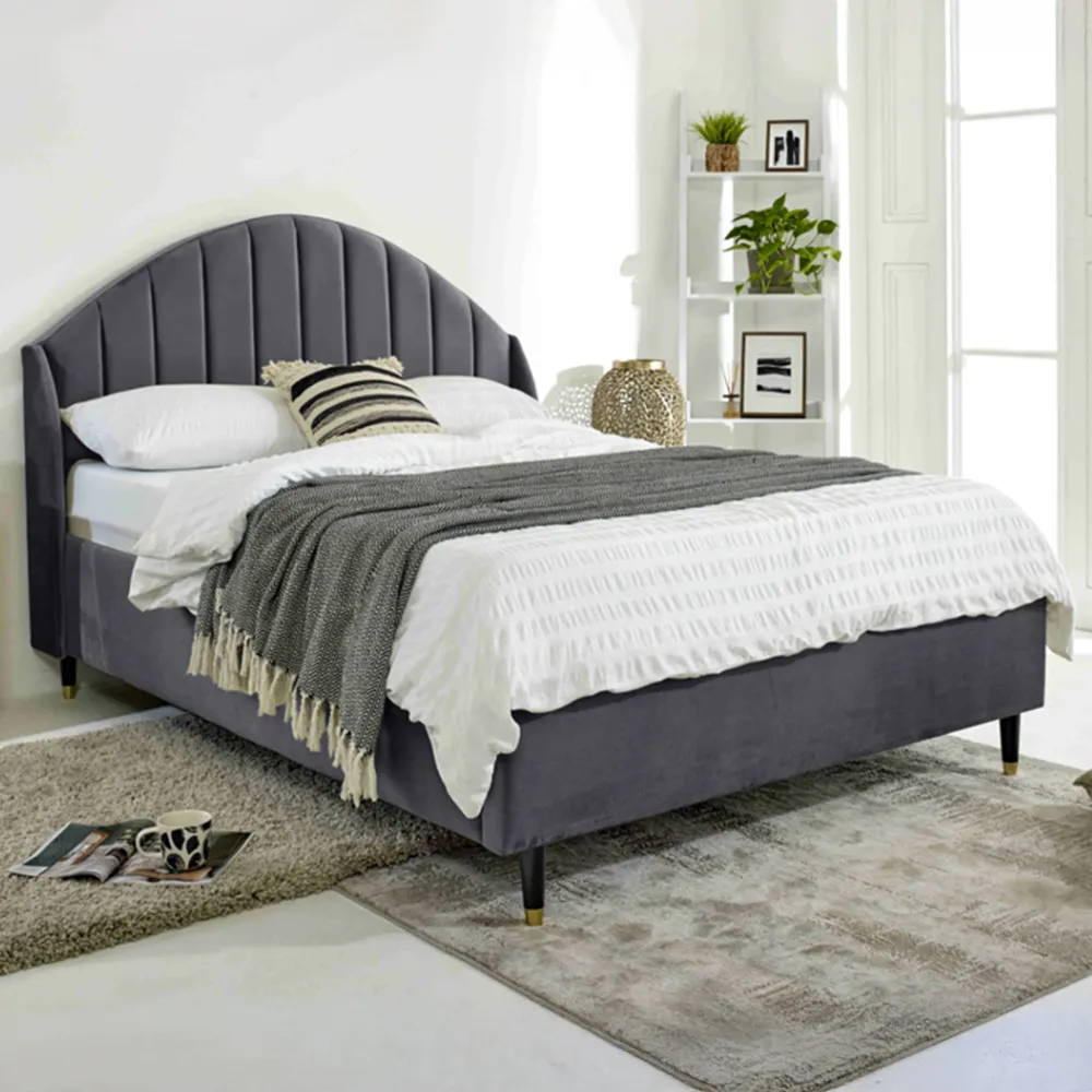 Elysium King Size Bed Frame with Curved Headboard - Grey, Velvet