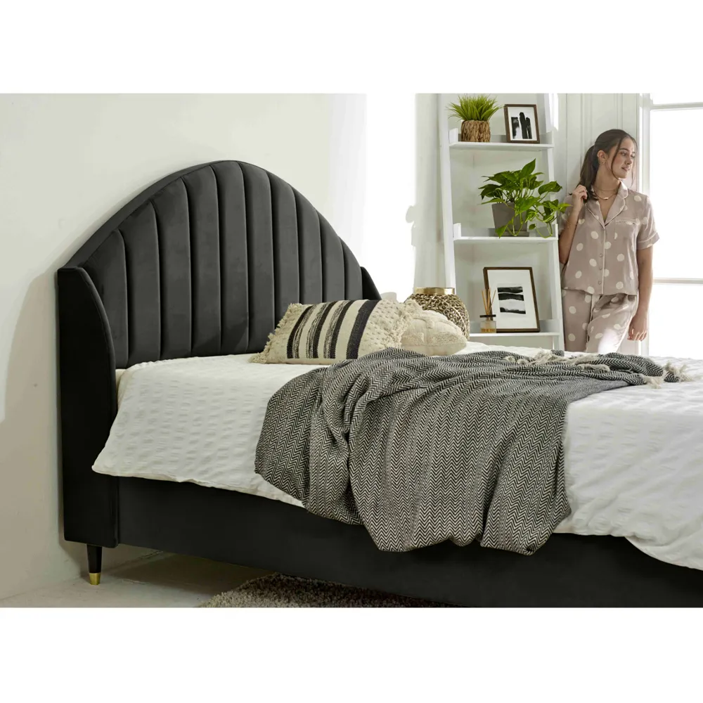 Elysium King Size Bed Frame with Curved Winged Headboard - Black, Velvet