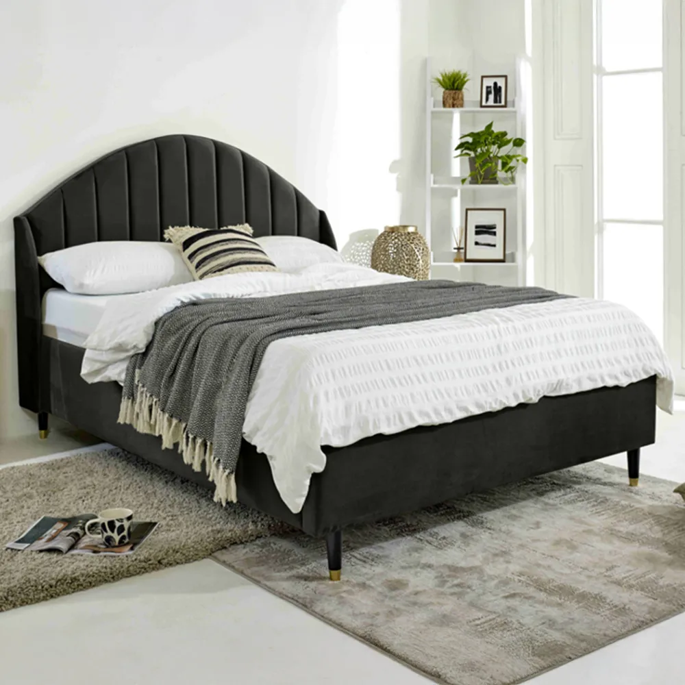 Elysium King Size Bed Frame with Curved Winged Headboard - Black, Velvet