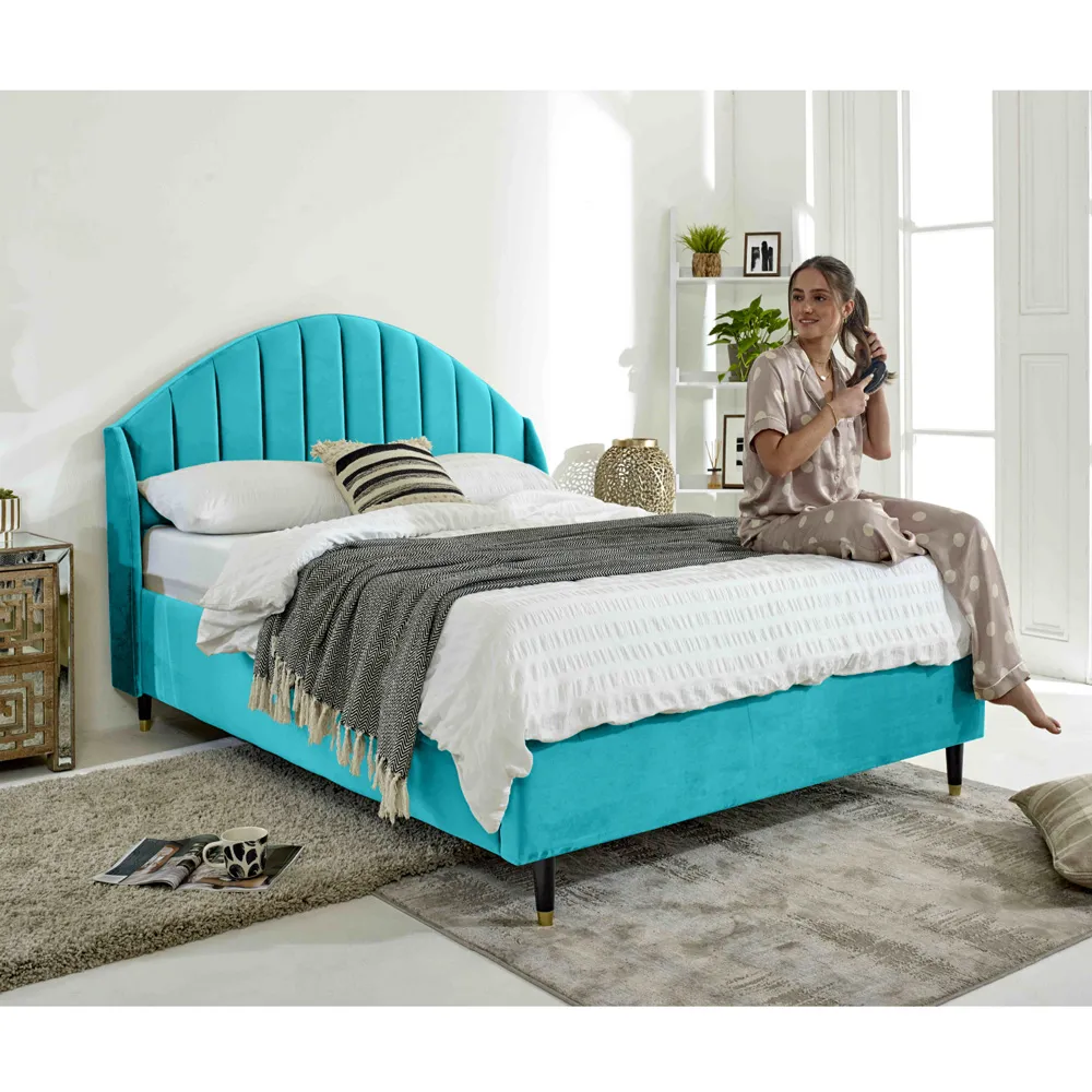 Elysium King Size Bed Frame with Curved Winged Headboard - Blue, Velvet