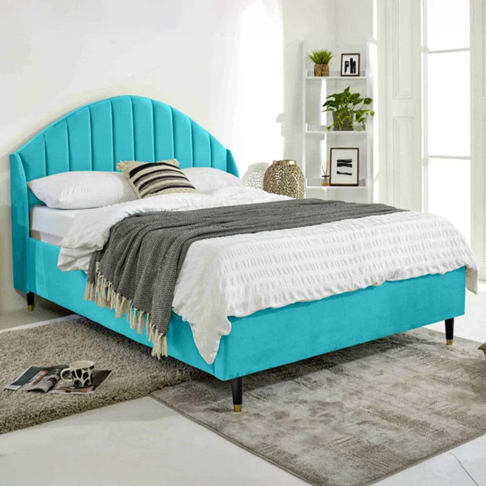 Elysium King Size Bed Frame with Curved Winged Headboard - Blue, Velvet