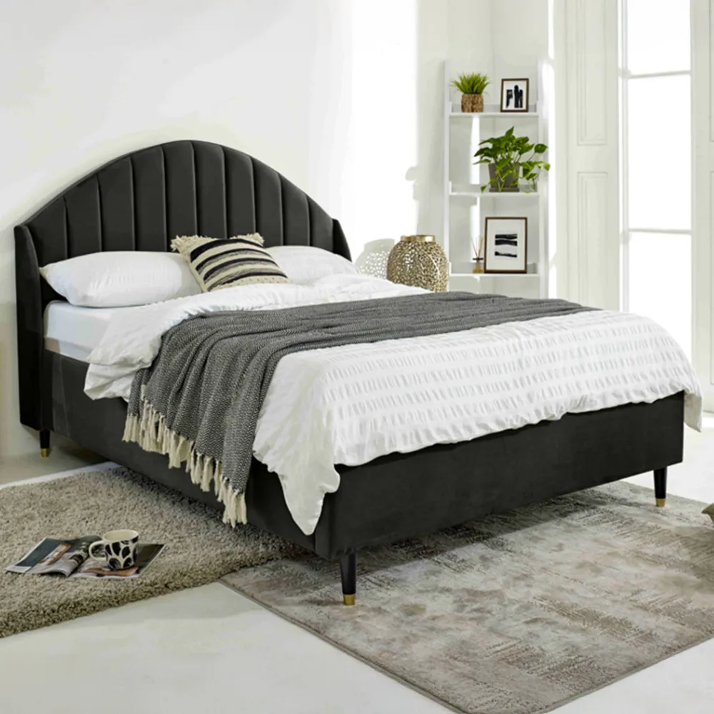 Elysium Single Bed Frame with Curved Winged Headboard - Black, Velvet image