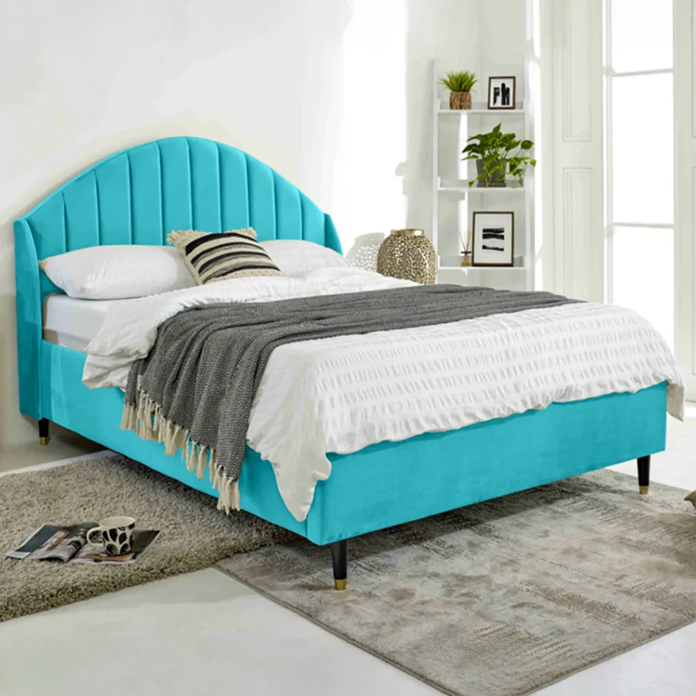 Elysium Single Bed Frame with Curved Winged Headboard - Blue, Velvet