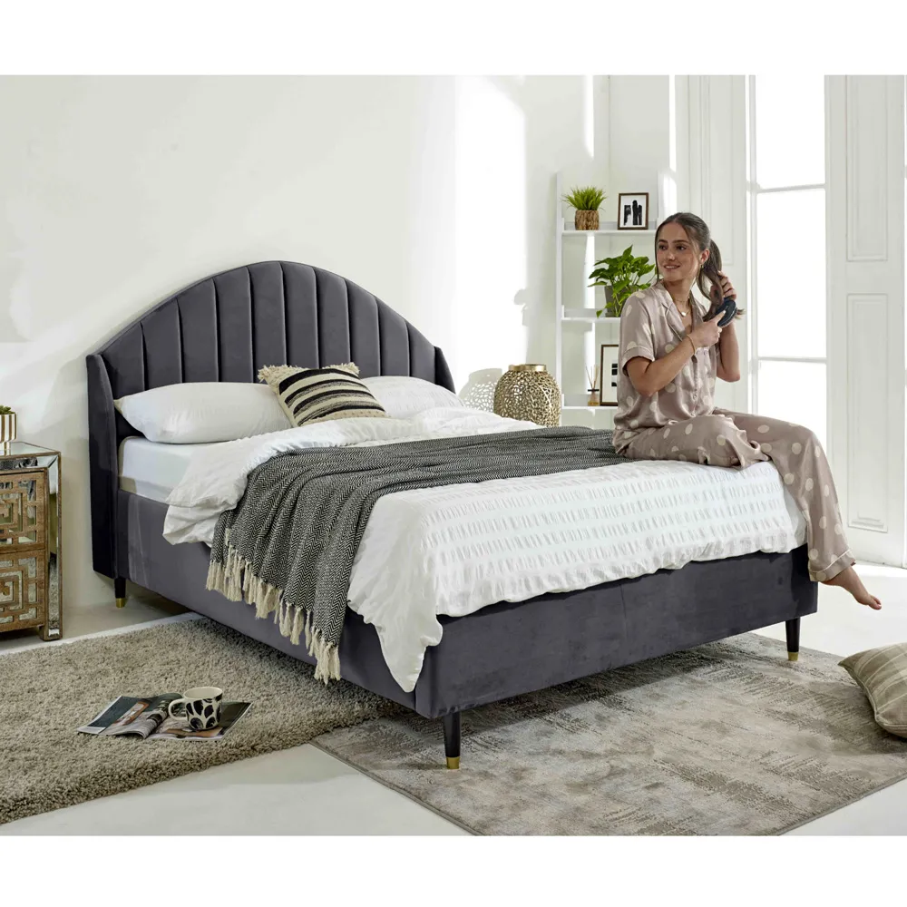 Elysium Small Double Bed Frame with Curved Headboard - Grey, Velvet