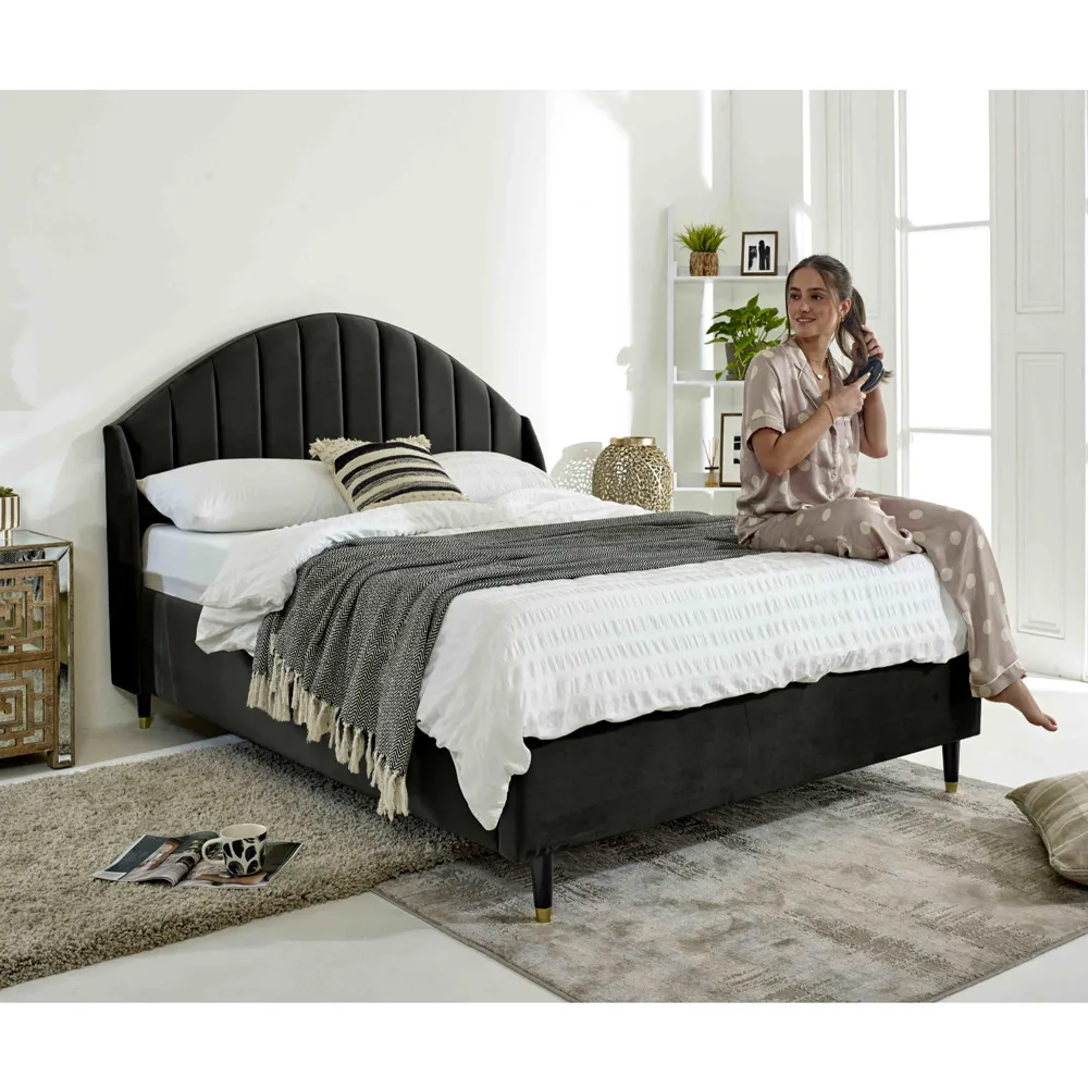 Elysium Small Double Bed Frame with Curved Winged Headboard - Black, Velvet