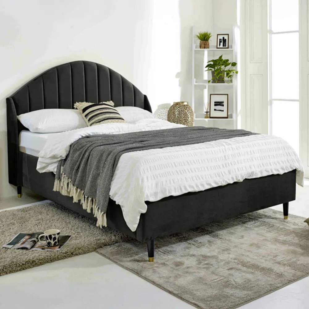 Elysium Small Double Bed Frame with Curved Winged Headboard - Black, Velvet
