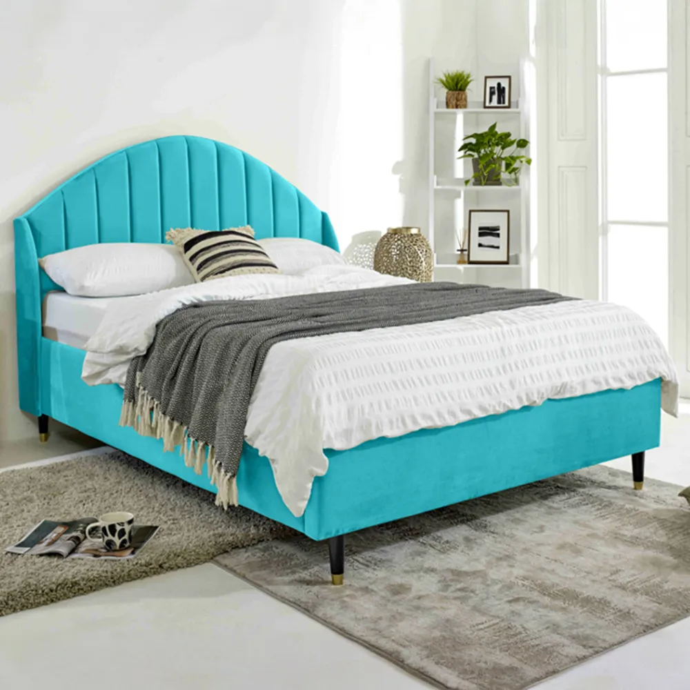 Elysium Small Double Bed Frame with Curved Winged Headboard - Blue, Velvet