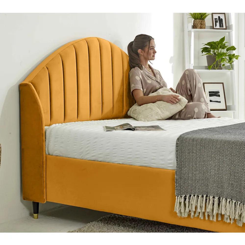 Elysium Small Double Bed Frame with Curved Winged Headboard - Mustard, Velvet
