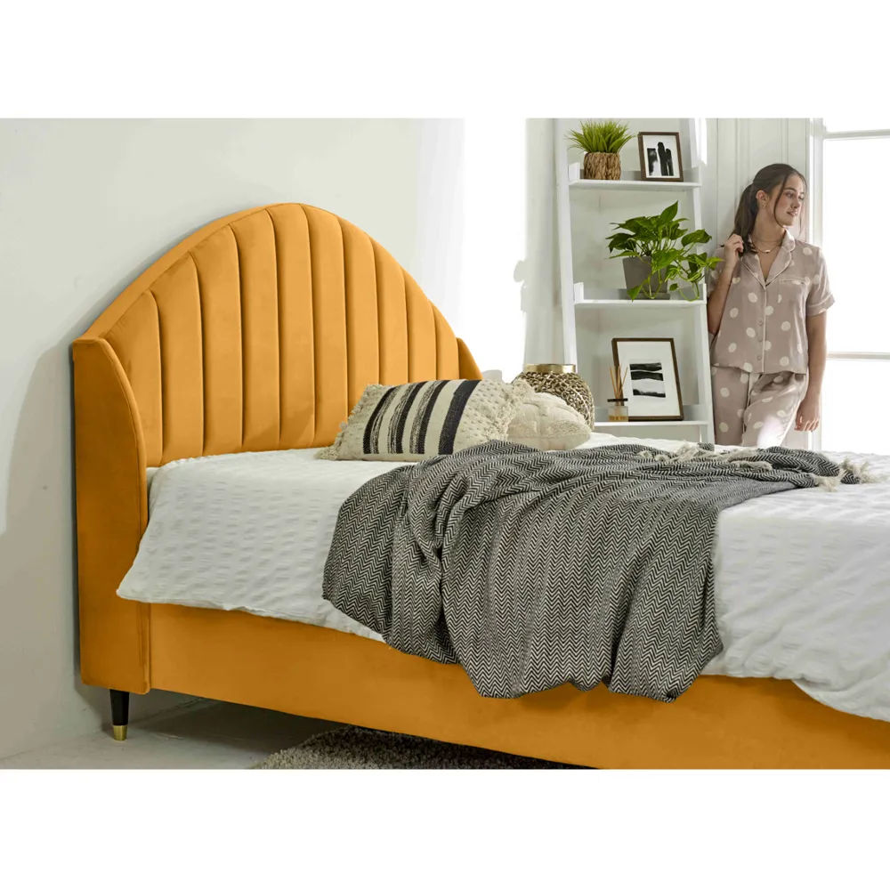 Elysium Small Double Bed Frame with Curved Winged Headboard - Mustard, Velvet