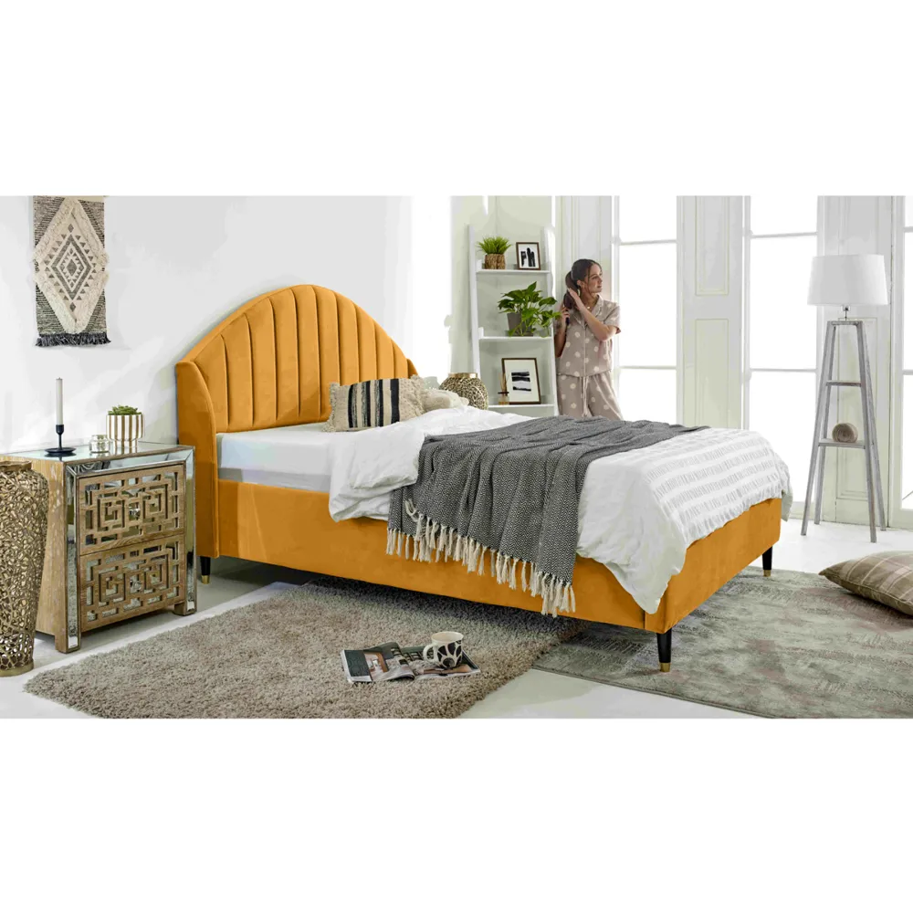 Elysium Small Double Bed Frame with Curved Winged Headboard - Mustard, Velvet