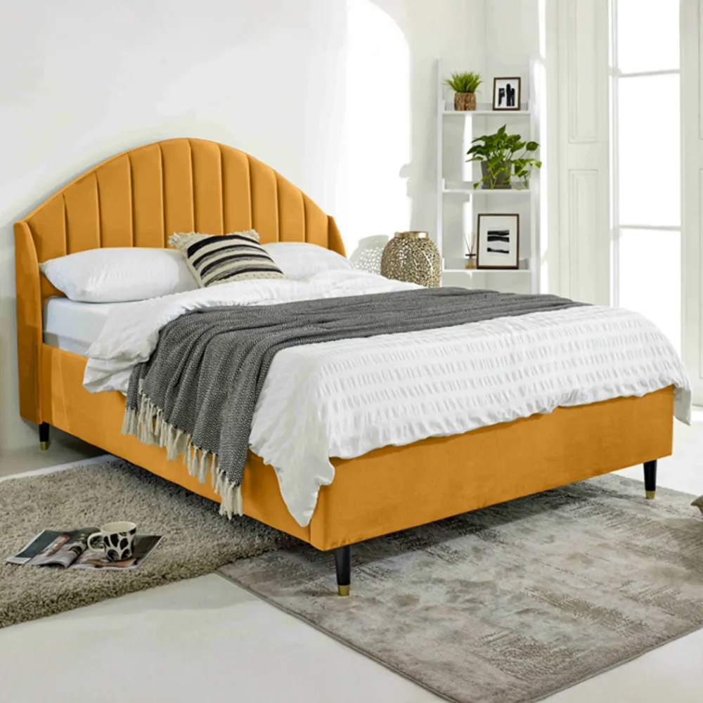 Elysium Small Double Bed Frame with Curved Winged Headboard - Mustard, Velvet