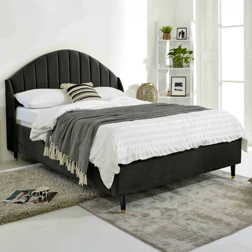Elysium Super King Size Bed Frame with Curved Winged Headboard - Black, Velvet
