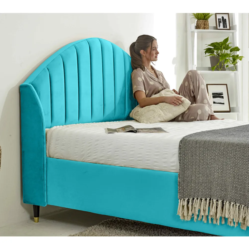 Elysium Super King Size Bed Frame with Curved Winged Headboard - Blue, Velvet