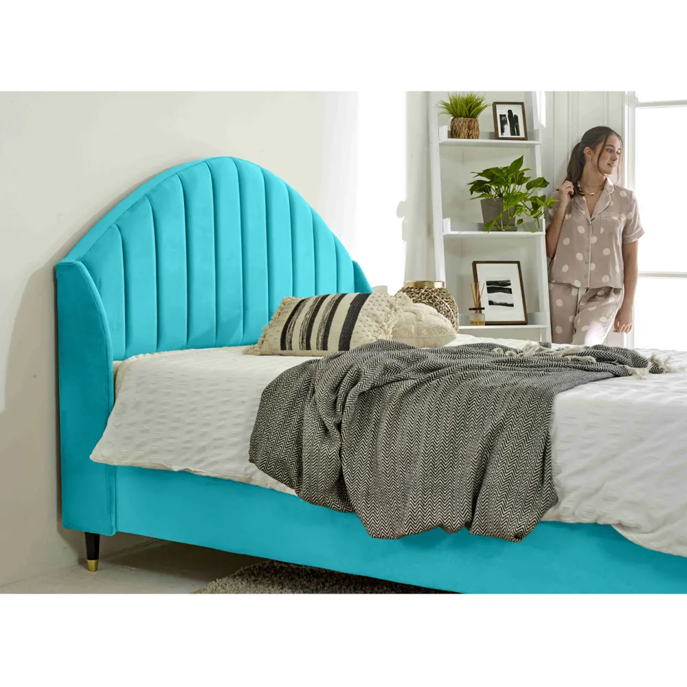 Elysium Super King Size Bed Frame with Curved Winged Headboard - Blue, Velvet