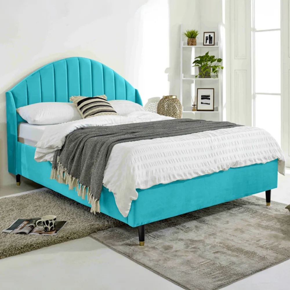 Elysium Super King Size Bed Frame with Curved Winged Headboard - Blue, Velvet