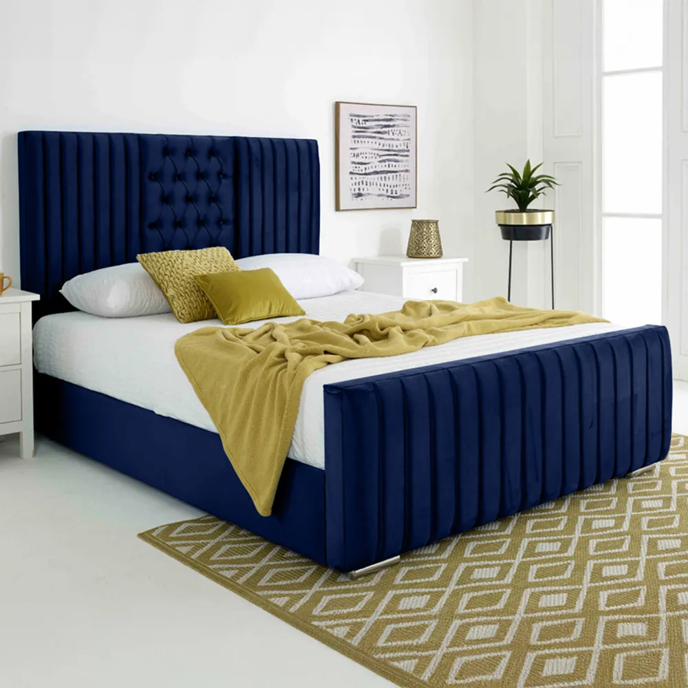 Gracie Double Bed Frame with Lined Headboard - Blue, Velvet