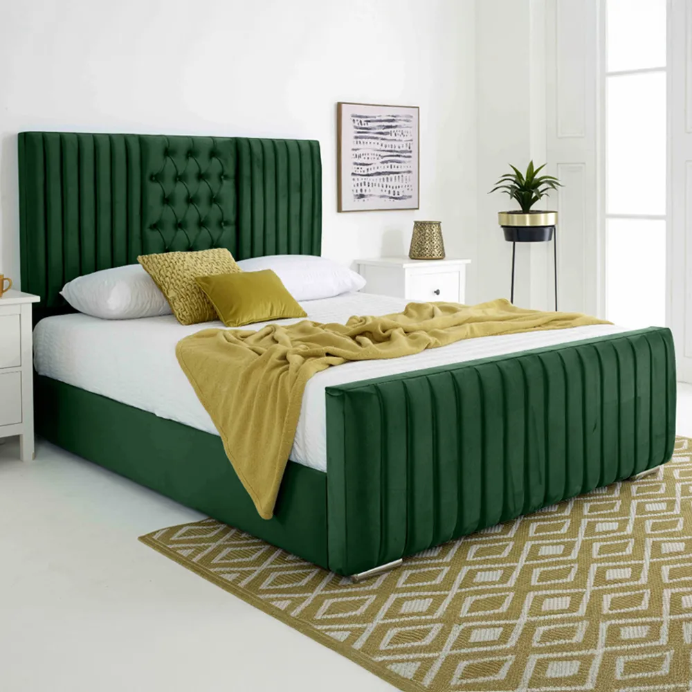Gracie Double Bed Frame with Lined Headboard - Green, Velvet