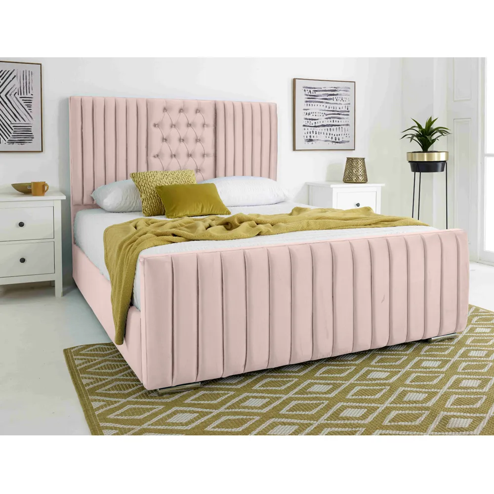 Gracie Double Bed Frame with Lined Headboard - Pink, Velvet