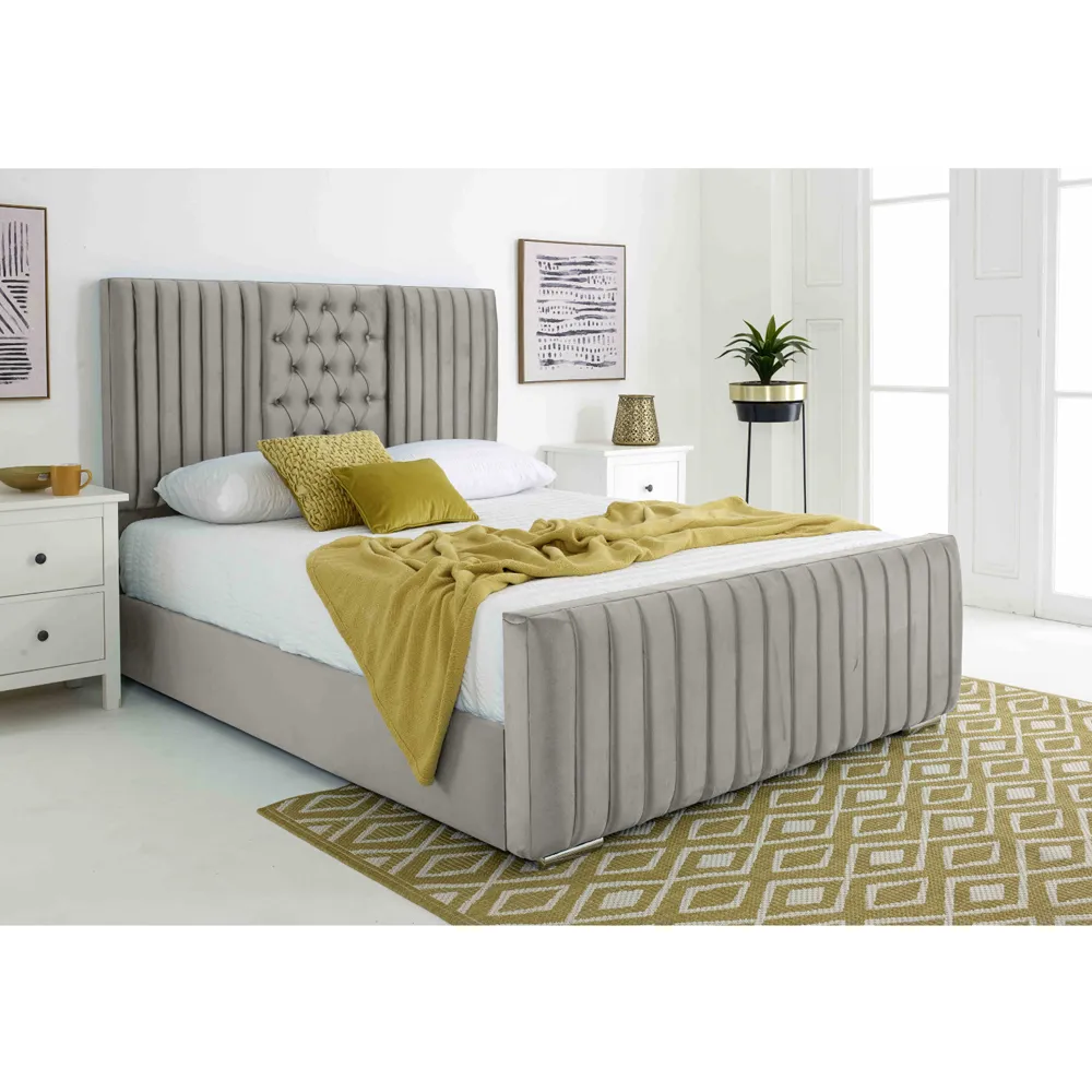 Gracie Double Bed Frame with Lined Headboard - Silver, Velvet