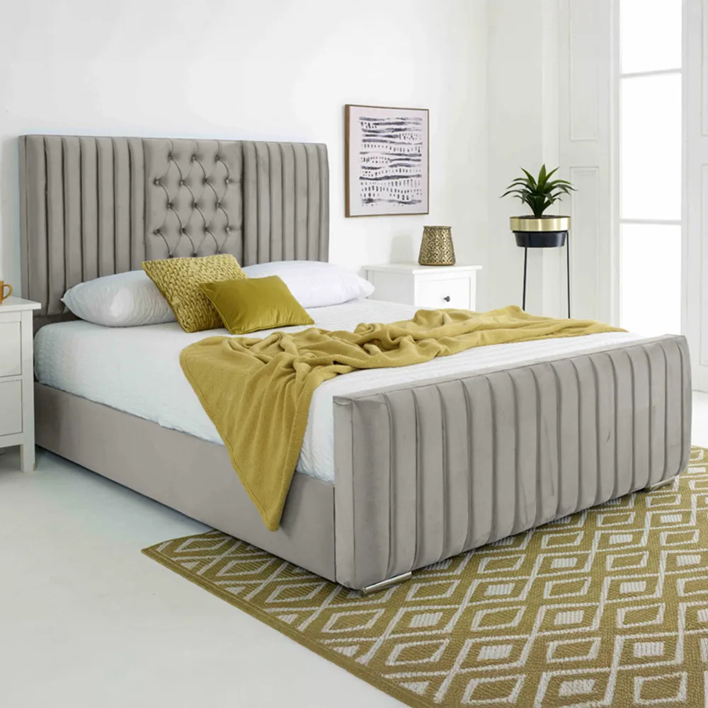 Gracie Double Bed Frame with Lined Headboard - Silver, Velvet