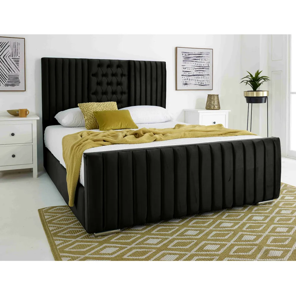 Gracie King Size Bed Frame with Lined Headboard - Black, Velvet