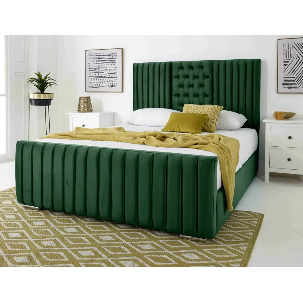 Gracie King Size Bed Frame with Lined Headboard - Green, Velvet