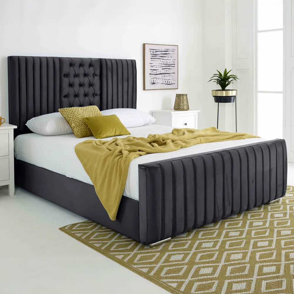 Gracie King Size Bed Frame with Lined Headboard - Grey, Velvet