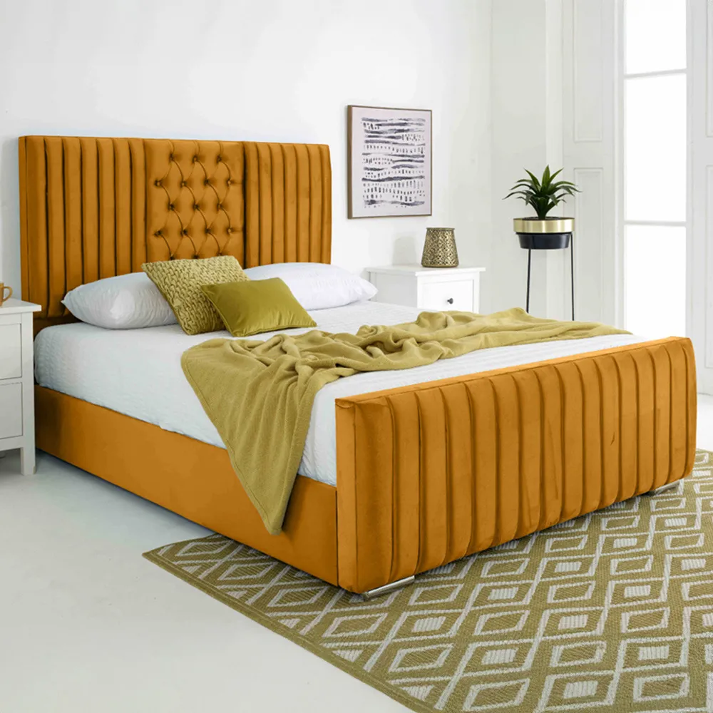 Gracie King Size Bed Frame with Lined Headboard - Mustard, Velvet