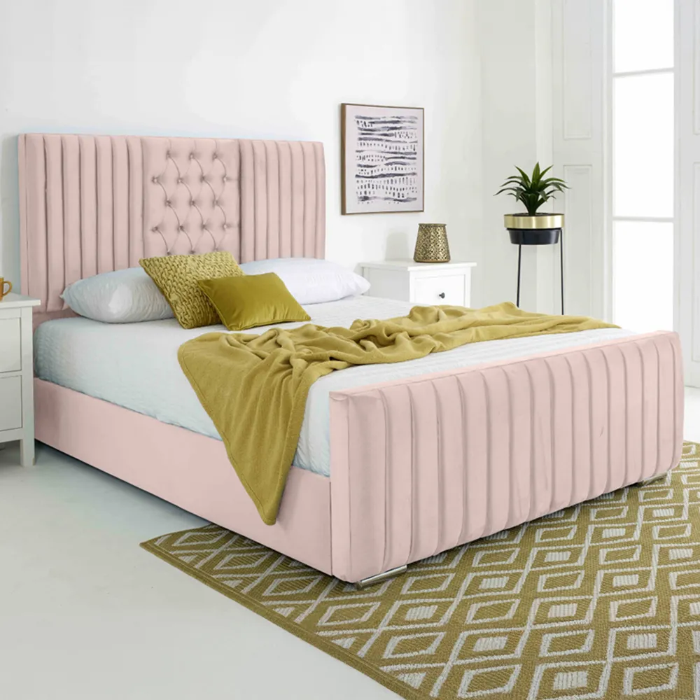 Gracie King Size Bed Frame with Lined Headboard - Pink, Velvet